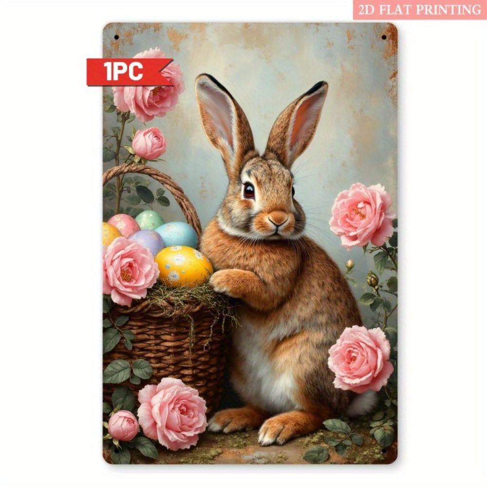 Tin Sign Retro Easter Rabbit Floral Wall Art Home Holiday Decor Metal Poster