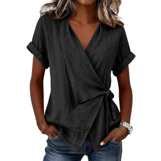 Women Tops V Neck Short Sleeve Pure Color Shirt with Side Tie Irregular Loose Fit Tee Shirt Summer Daily Wear