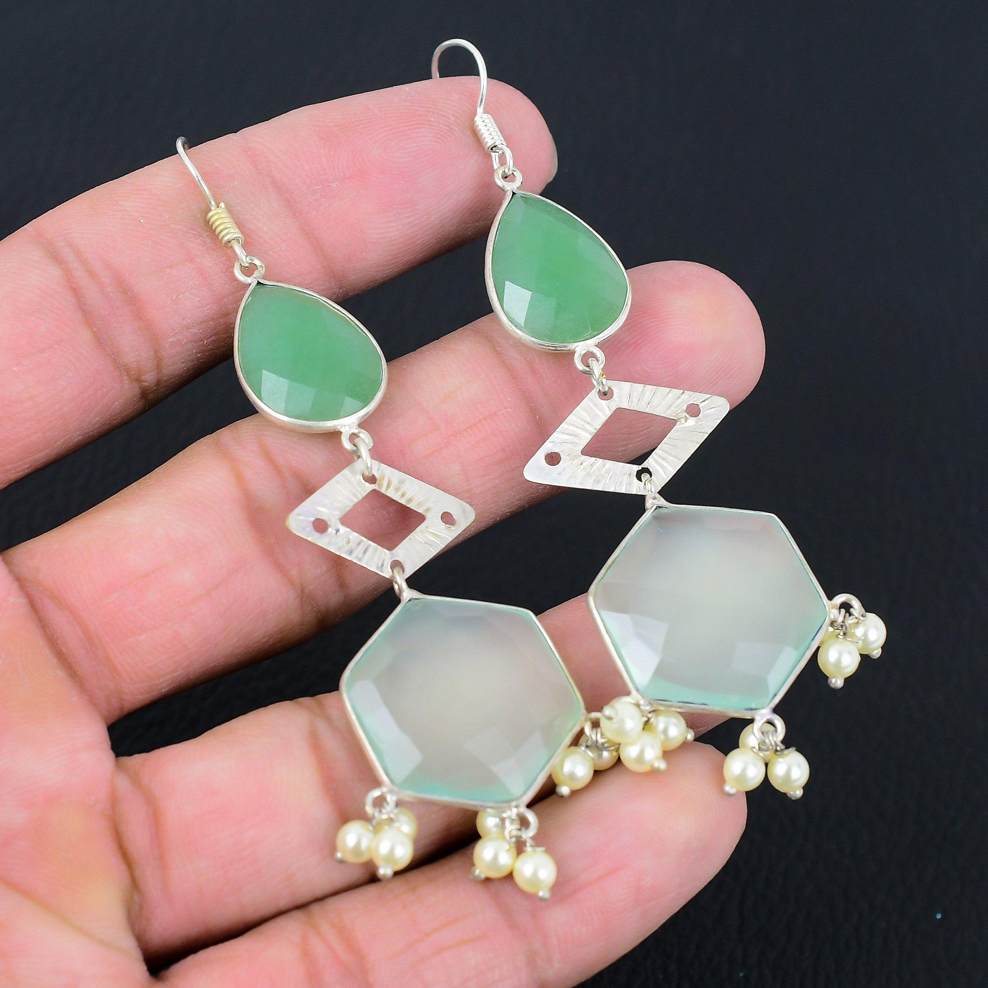 

День женщин Распродажа Зеленый Халцедон Драгоценный камень Мать Висячие серьги Стерлинговое серебро