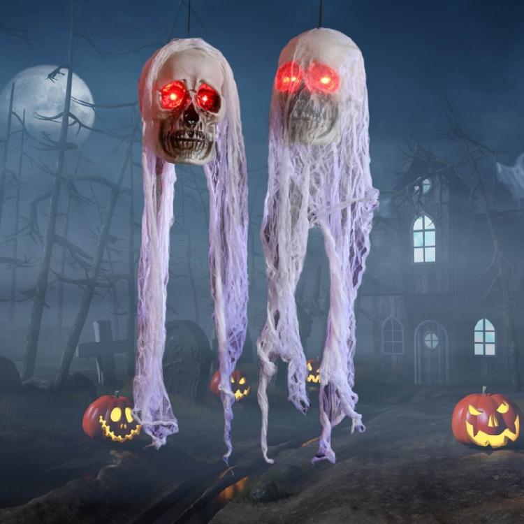 Halloween Hanging Skull with Glowing Eyes Decorations Horrific Hanging Skull Sculpture Festival Parties Decorations