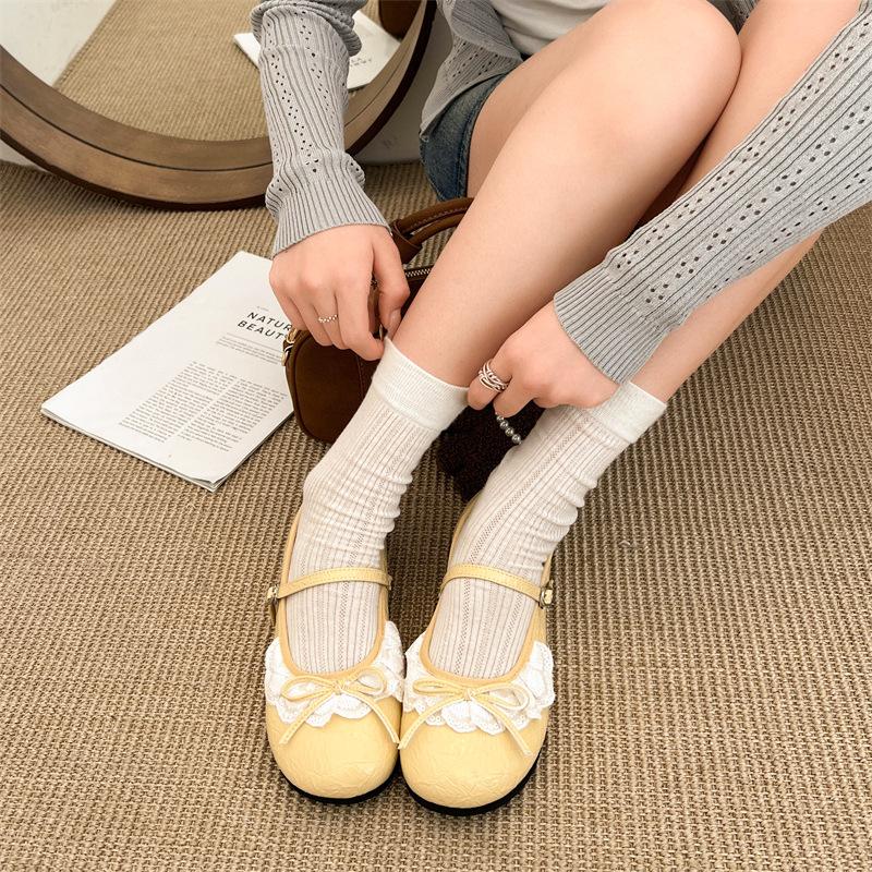 Silver bow light mouth ballet shoes women's 2025 spring new French flat Mary Jane retro shoes
