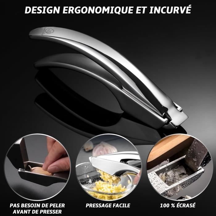 Presse-ail - GOURMET EASY - Acier Inox - Écrase l'Ail Sans Épluchage - Démontable - Garantie 5 Ans