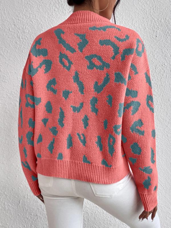 Leopard Print Jacquard Round Neck Women's Knit Sweater - Fashionable Spring & Autumn Pullover