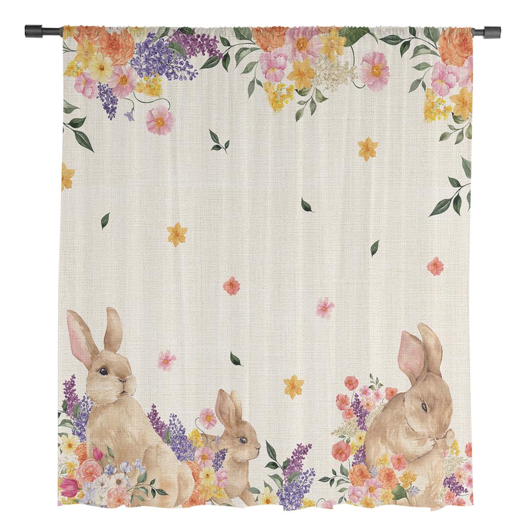 Osterhase Frühling Wildblumen Tüllgardinen für Wohnzimmer Schlafzimmer Voile Transparente Gardine Fenster Heimdeko Vorhänge