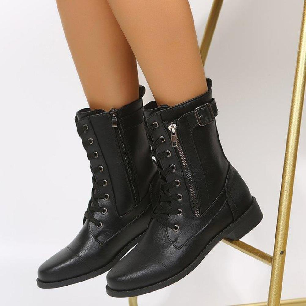 Fashion Retro Women's Boots Round Toe Womens Mid Calf Boots Large Size Zip Motorcycle Boots Low Heel Women Shoes Trend New Botas Mujer