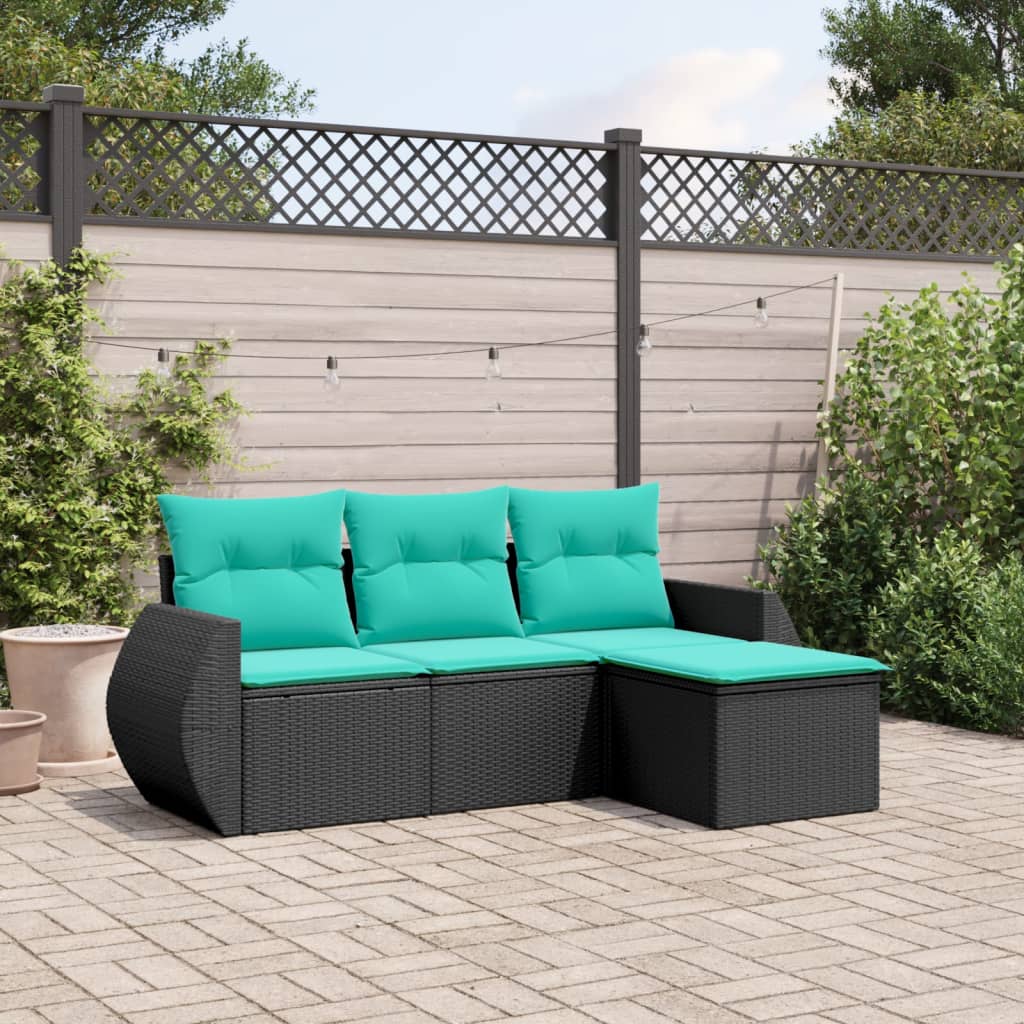 4 Piece Garden Sofa Set with Cushions Black Poly Rattan