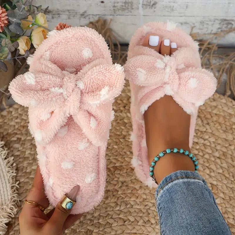Gemütliche & Niedliche Damen-Plüschpantoffeln mit Pünktchenschleifen-Design - Weiches, Warmes Indoor-Schuhwerk mit Rutschfester EVA-Sohle, Hausschuhe 38-39 rosa