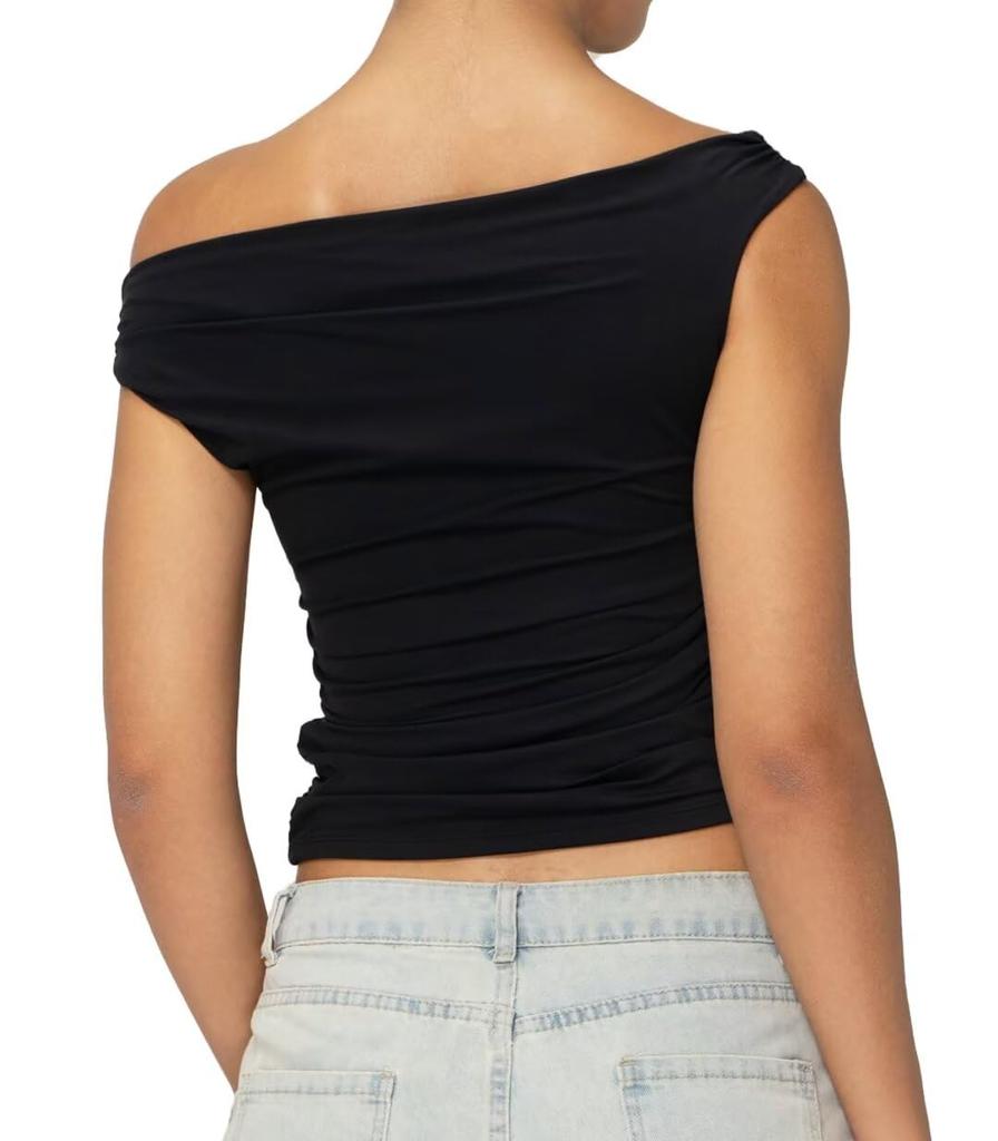 Schulterfreies, ärmelloses Crop-Top für Damen, trendiges Y2K-Ausgeh-Tankshirt, asymmetrischer Ausschnitt und gerüschtes Detail