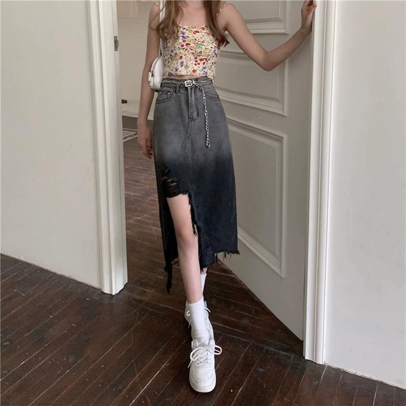 Revet Ujevn Denimskjørt for Kvinner Retro Sliss Midilengde Skjørt Høy Midje Stor Størrelse Dameklær Street Style