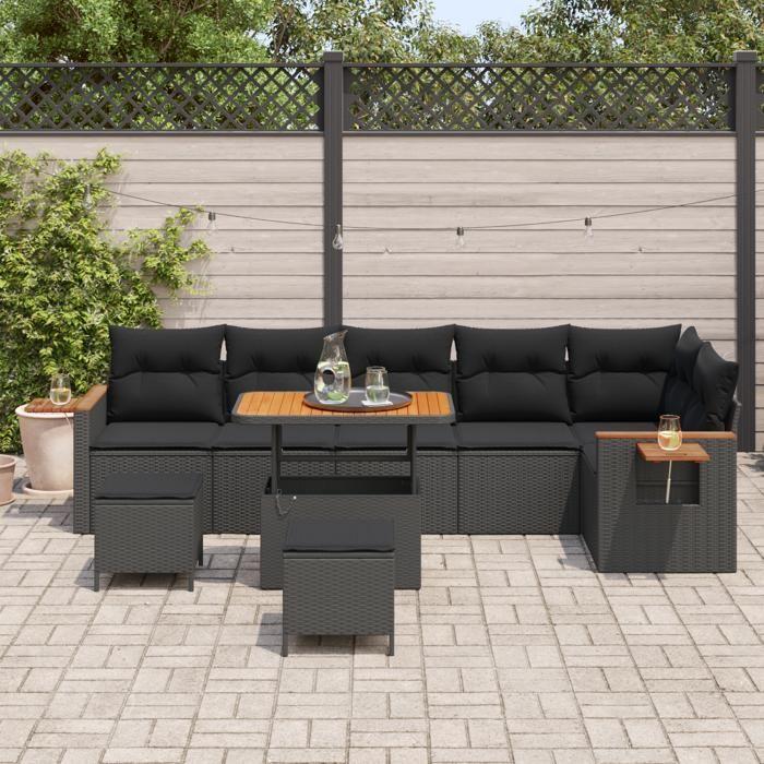 Ensemble de canapé de jardin 9 pièces avec coussins noir poly rotin acacia 3363194