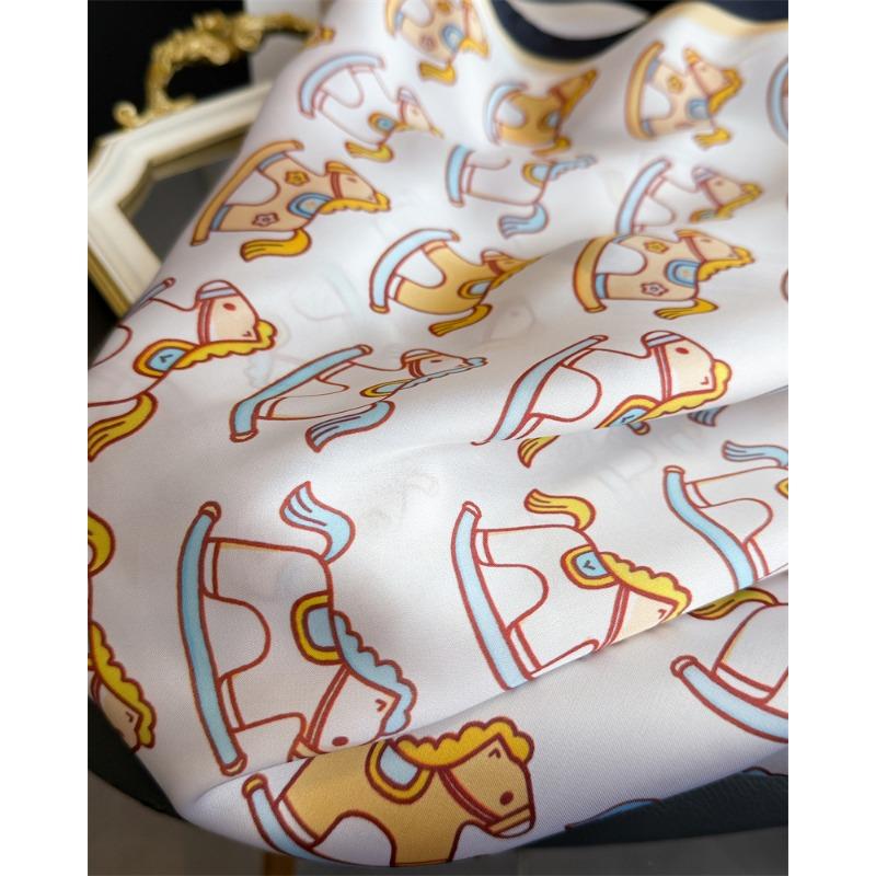 Korean Style Cute Trojan Printed Silk Feel Square Scarf For Women