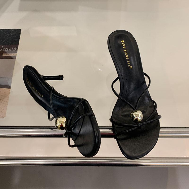 Fashion Fashion Metal Footwear Thin Heels Slippers Shoes For Women 2025 New Round Toe Ladies High Heels Slippers Female Slides Sandals