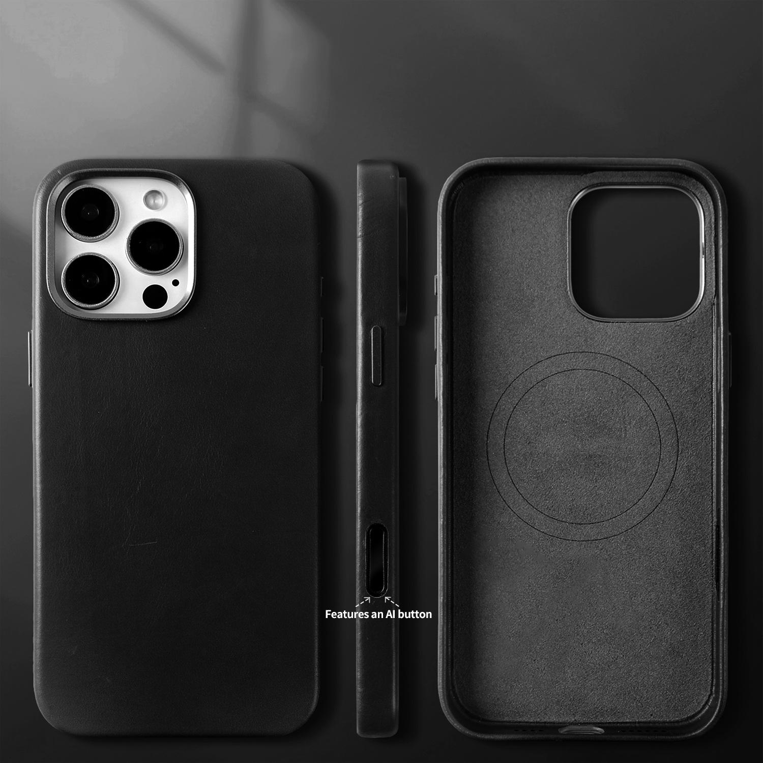 Étui Magnétique en Cuir Véritable de Luxe Pour 16 Pro Max 16pro 16 Affaires Cire à l'Huile Coque Arrière de Téléphone Magsafe Étuis Entièrement Enveloppés Genuine Leather&iPhone 16 Pro Max