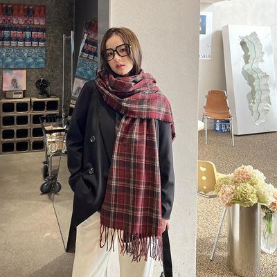 Red Plaid Scarf Women's Shawl Winter Thickened Warm Imitation Cashmere Plaid Scarf Neck