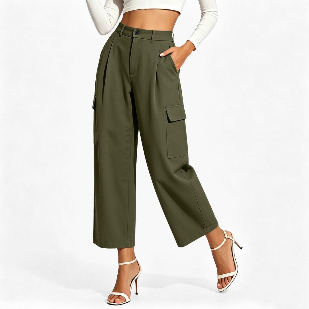 Women's Color Casual Trousers with Cotton Pockets and Button Front Dress Pants