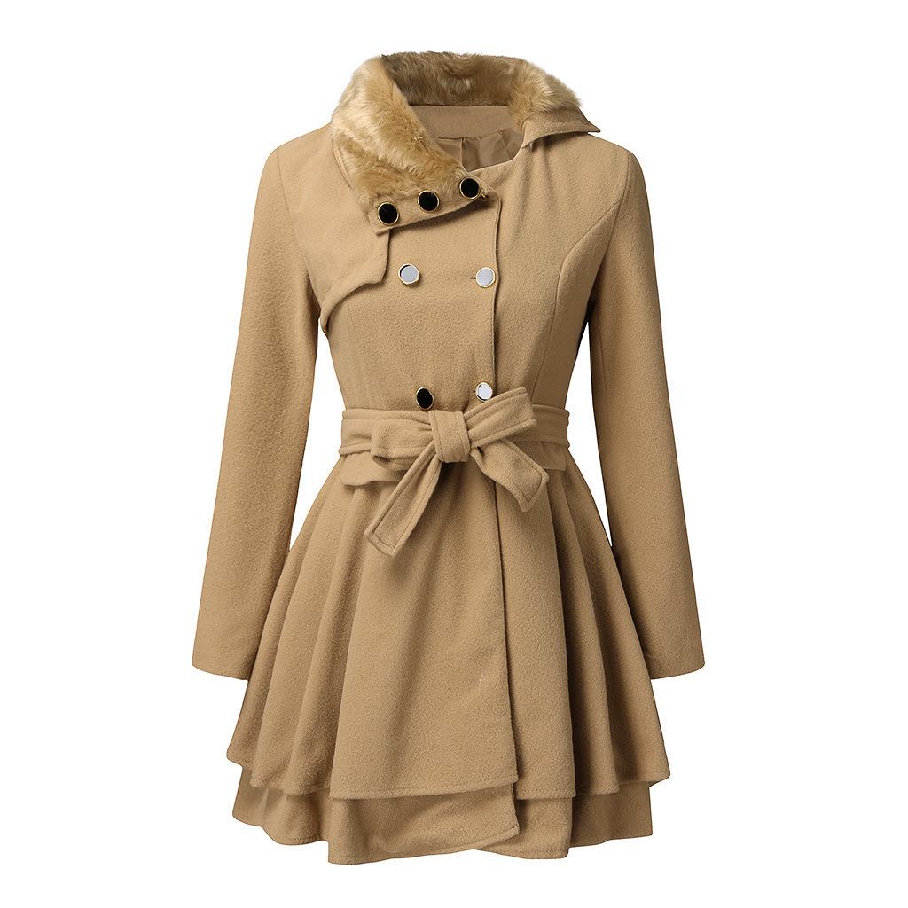 Women's Double-Breasted Wool Trench Coat with Fur Collar - Autumn/Winter Skirt Style