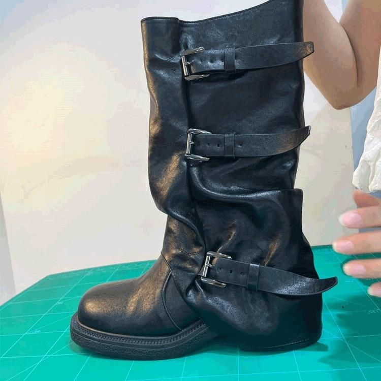 Grape Mom's Same Thick-soled Trouser Boots for Women's Autumn Niche Design Belt Buckle Western Boots Pleated Medium Tube Stacking Boots