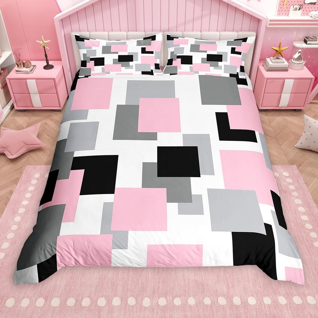 Homewish Geometrisches Kariertes Bettbezug-Set, Abstraktes Karomuster Bettwäsche-Set, Minimalistisches Schlichtes Kunst-Bettdeckenbezug-Set