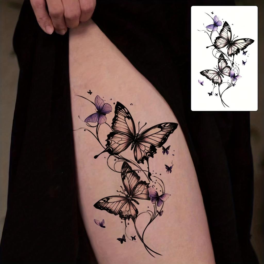 1pc Waterproof Non-Reflective Realistic Butterfly Temporary Tattoo Sticker | Vibrant Purple & Black Design for Women’s Arms,Feet