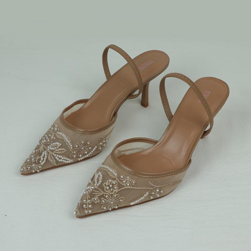 

Fashion Women s Sandals 2025 Summer Brand Designer Ladies Flower Mesh Open Heel Shoes Sexy High Heel Pointed Toe Stiletto Pumps Mules 42 хаки