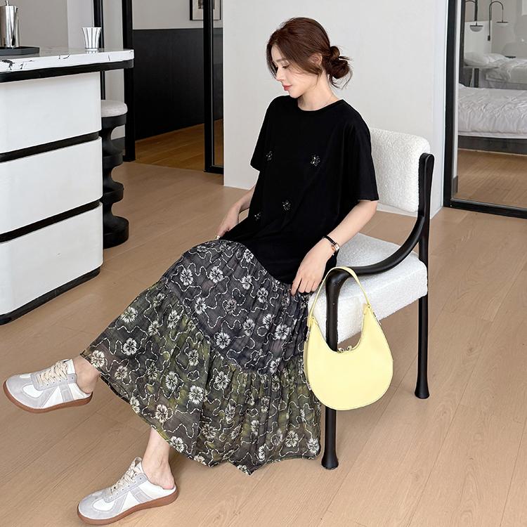 DIMANAF 2026 Plus Size New Dress Summer Women Beach Shirt Dress Black Floral Loose Casual Long Dresses O-Neck