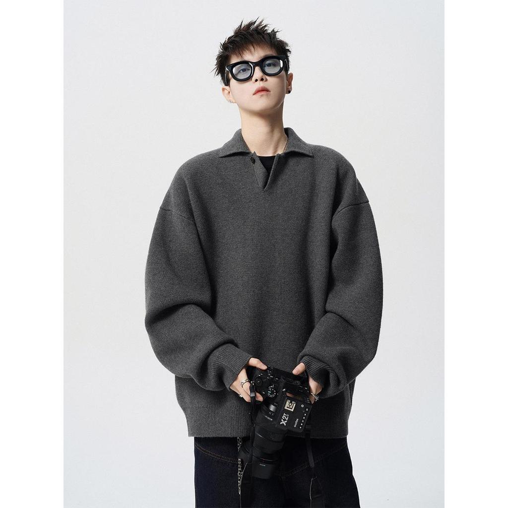Men's Trendy High-End POLO Collar Sweater - Solid Color Knitwear for Spring & Autumn, Versatile American BF Couple Style