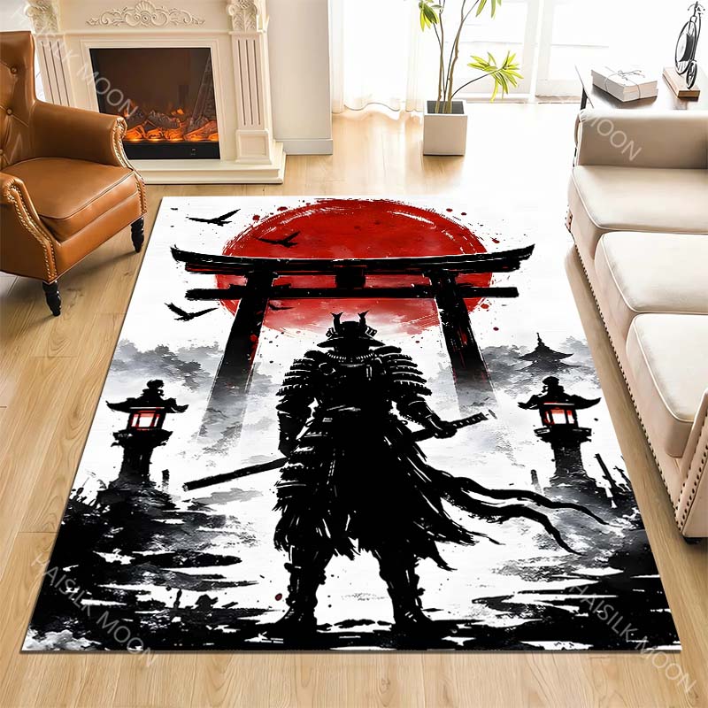 Samurai Silhouette with Red Sun Print Carpet Rug for Living Room Bedroom Sofa Doormat Home Decor Non-slip Floor Mat