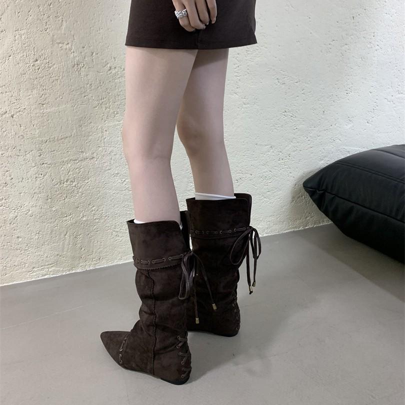 Retro inner pointed high boots, new string straps, versatile pleated thin boots, folded and two stacked boots