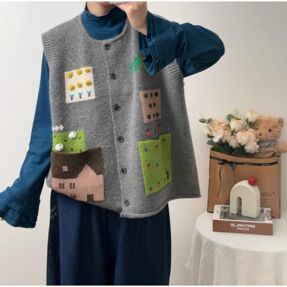 

DIMANAF 2025 Осень Женский Вязаный Жилет Без Рукавов С Принтом Узоров На Пуговицах Повседневный Стиль Свободный Оверсайз Свитер one size серый