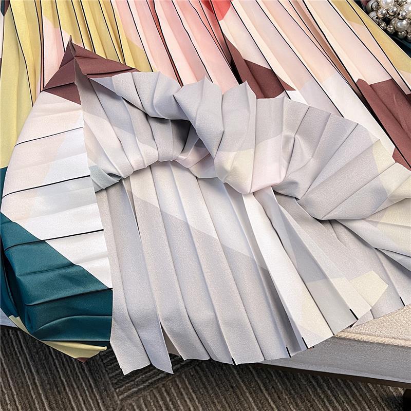 Women Spring Fall High Waist Wardrobe Color Block Printed All Match Pleated Skirt