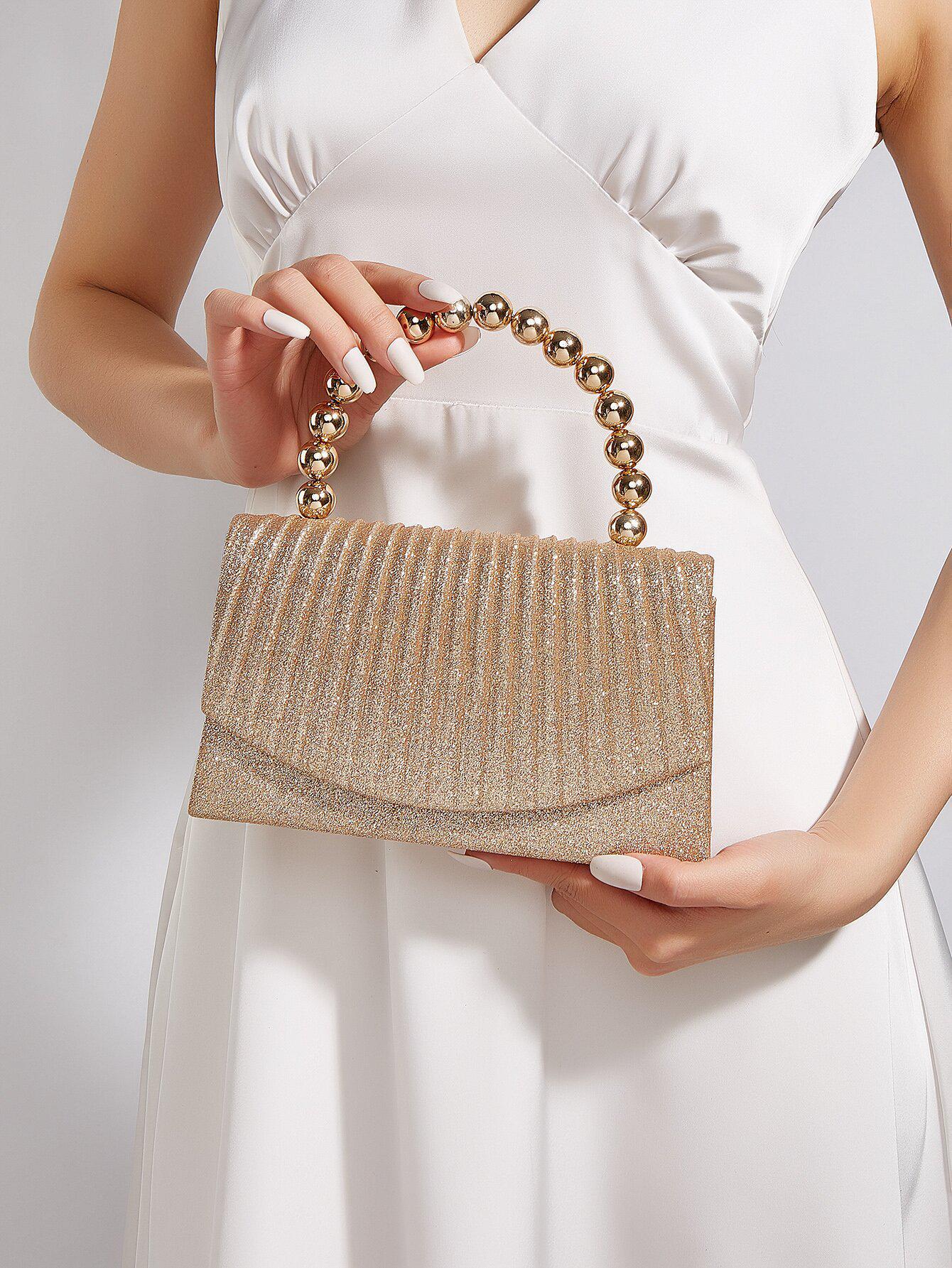 Gold Pearl Beaded Pleated Women s Evening Clutch
