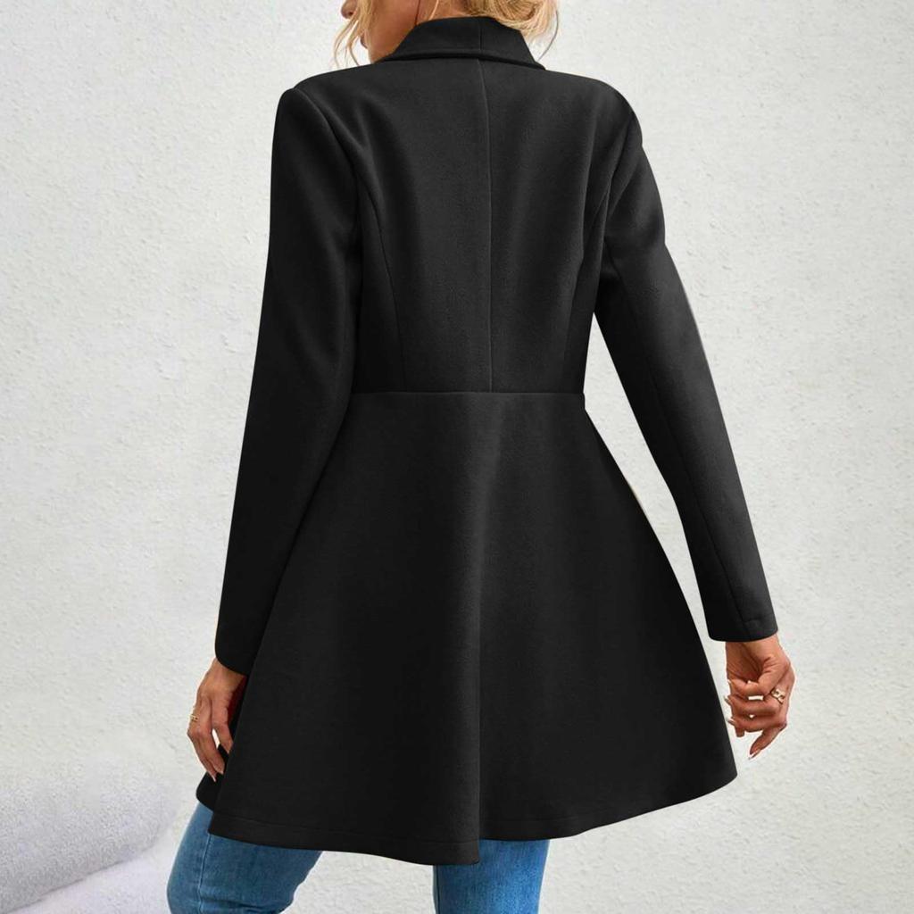 Women's Fashionable Solid-color Lapel Long-sleeved Woolen Coat