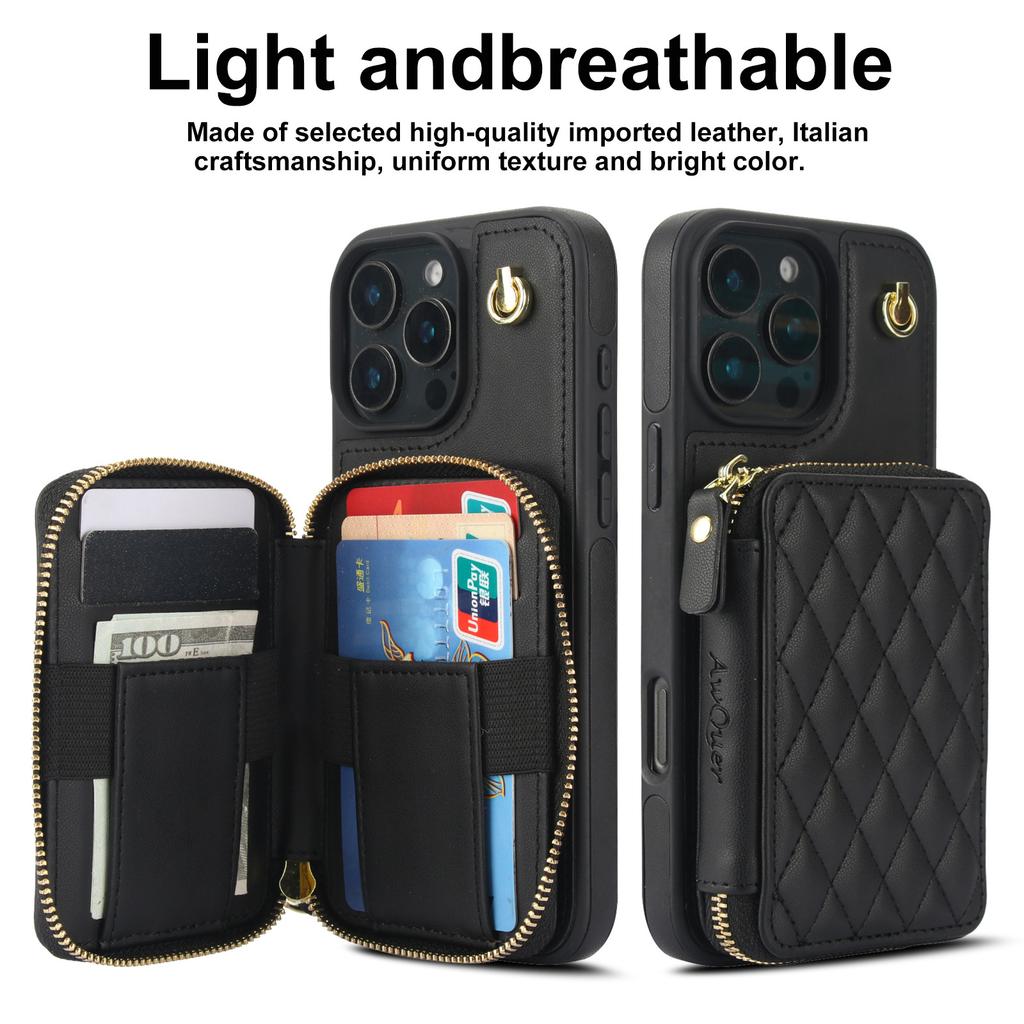 Quilted Zipper Wallet Phone Case For IPhone 15/14/13/12 - 7 Colors Leather Card Holder Cover