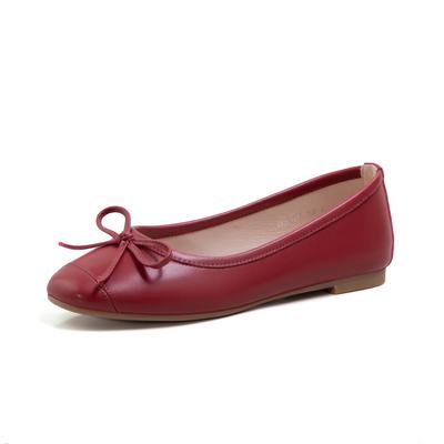 Fashion Soft Cowhide Bow Flat Ballet Shoes Sheepskin Leather Women Shoes Walking and Driving Pumps
