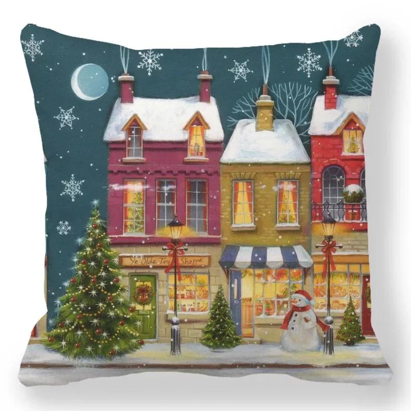 Christmas Decor Cushion Cover Christmas Gifts Home Party Decorative Pillow Cover Winter Snow Scene Animal Angel Print Pillowcase