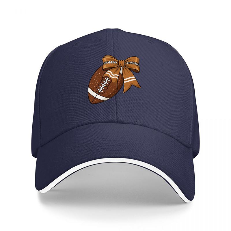 Football Bow Design Baseball Cap with Brown Ribbon and White Stripe Pattern on Black Adjustable Hat for Sports Fans