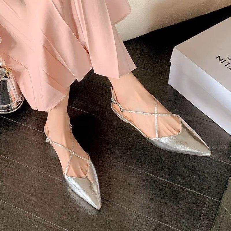 2025 Sexy Slingbacks Women Sandals Shoes Pointed Toe Pumps Flats Shoes Party Genuine Leather Dress Shoes Office 35-40