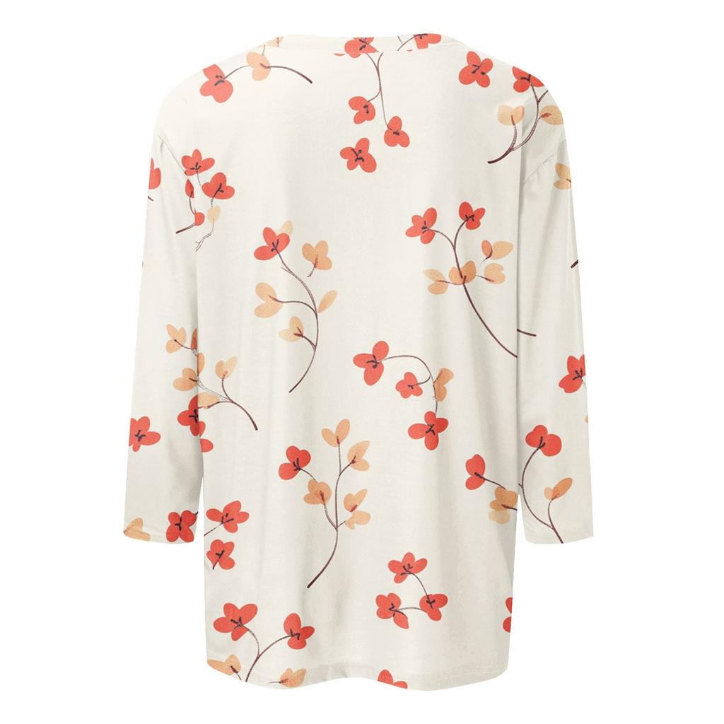 Women's Tops Three-quarter Sleeve Shirt V-neck Loose Casual Shirt Floral Printed T-shirt