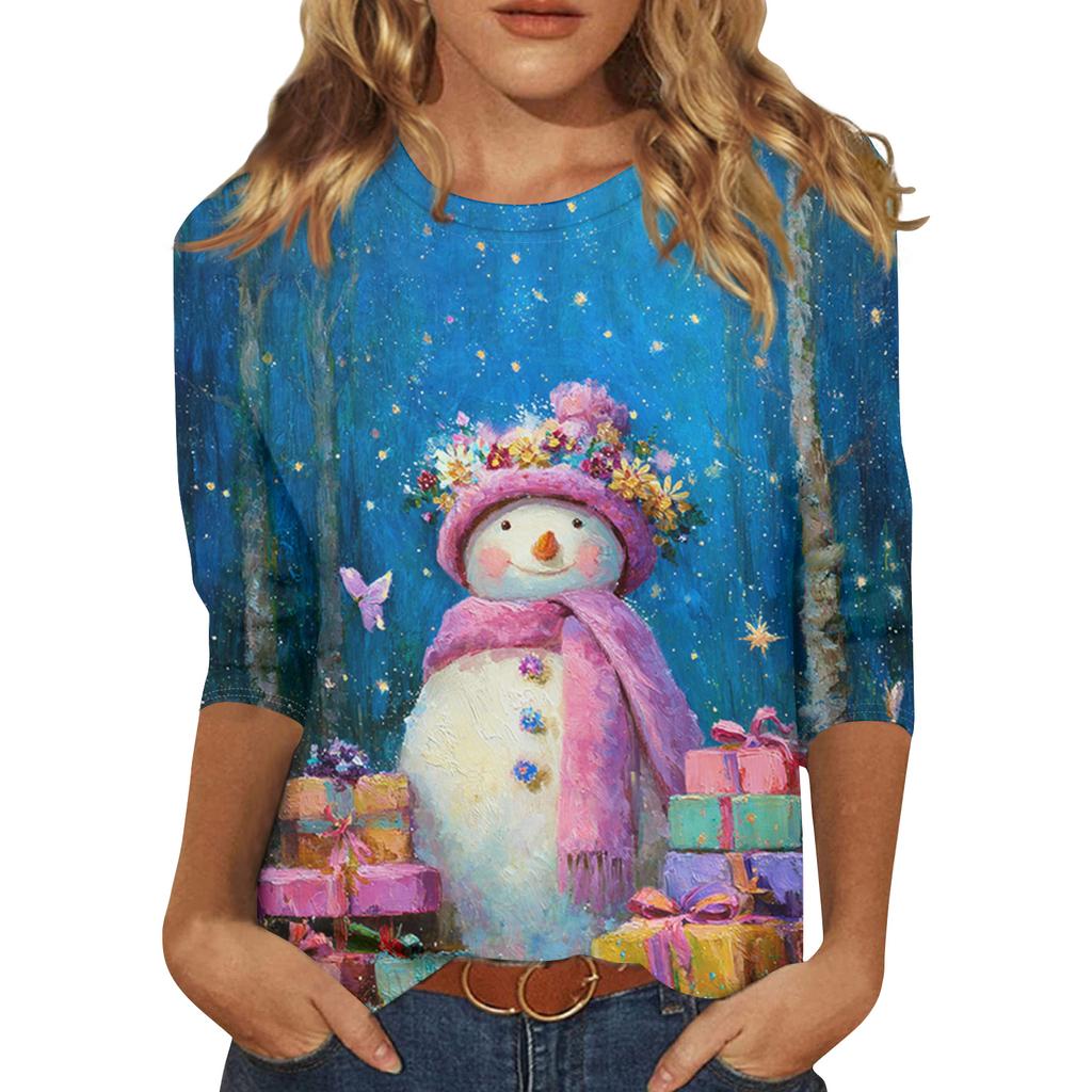 3/4-Ärmel-Shirts für Damen Druck Weihnachts-T-Shirts Blusen Lässig Übergröße Basic-Oberteile Pullover