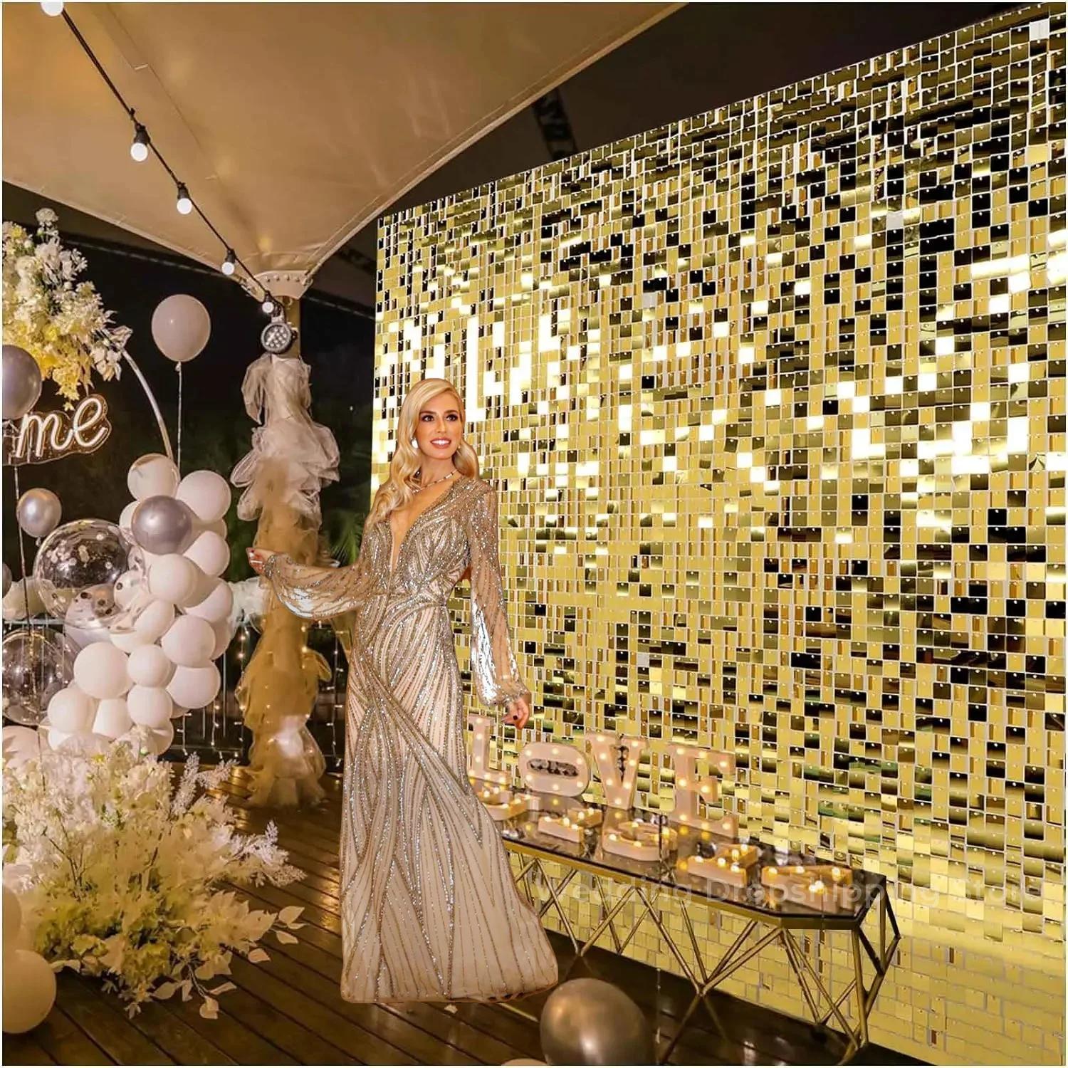 12/24/30 PCS Shimmer Wall Backdrops Square Sequin Wall Panel Backdrops Party Backdrops for Wedding Anniversary Birthday Decor nero