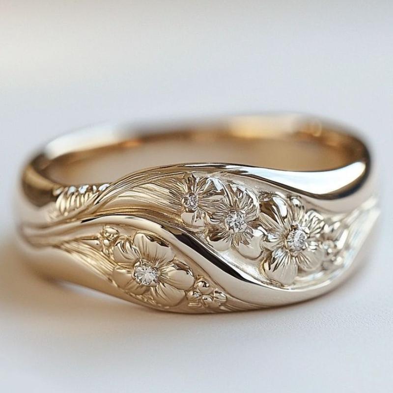 Retro-style relief flower-shaped artificial gemstone ring made of copper, suitable for ladies as a gift for shopping or dating.