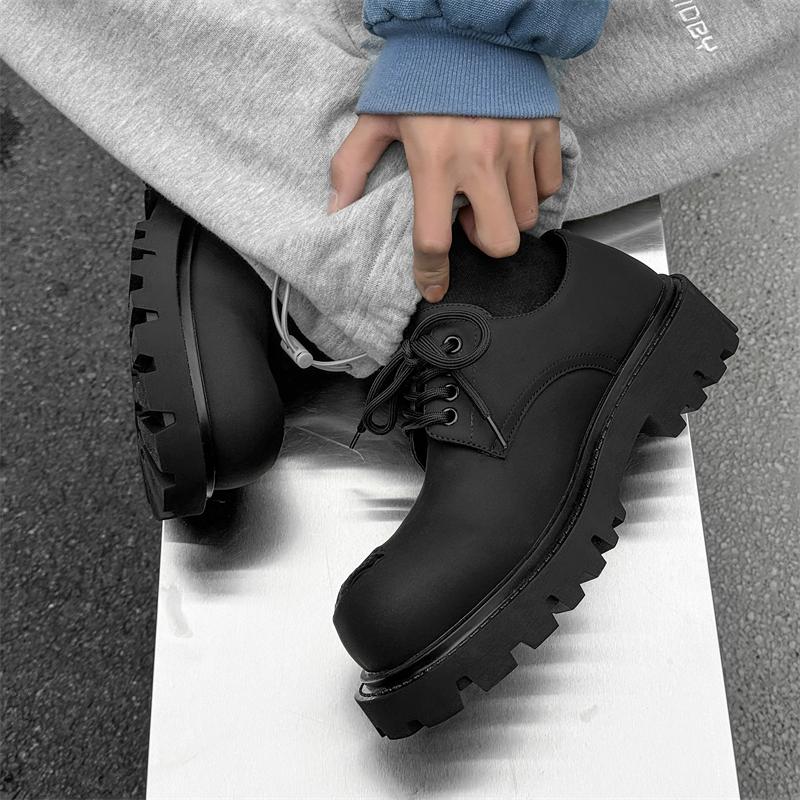 Men's Street Style Black Leather Shoes with 5CM Thick Sole Height Increasing Anti-Slip Platform Casual Daily Outdoor Wear Shoes