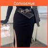 Fashion Decoration Rivet Women Casual Solid Color Elastic Waistband Wide