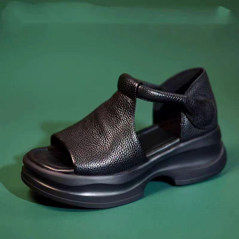 Sandale de Damă din Piele Decupate cu Talpă Groasă și Vârf Decupat, Noi de Vară, Retro, care Măresc Înălțimea, Sandale de Plajă pentru Exterior, Sandale Pană