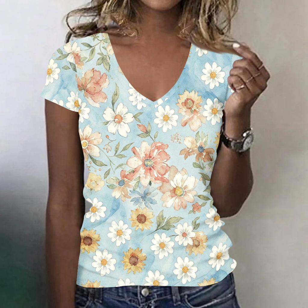 Women Casual V Neck Short Sleeve Floral Print T Shirt Lightweight Soft Fabric Summer Top for Everyday Wear