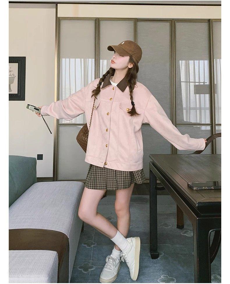 Women's Pink Korean-Style Suede Jacket - Fashionable Spring/Autumn Workwear Design