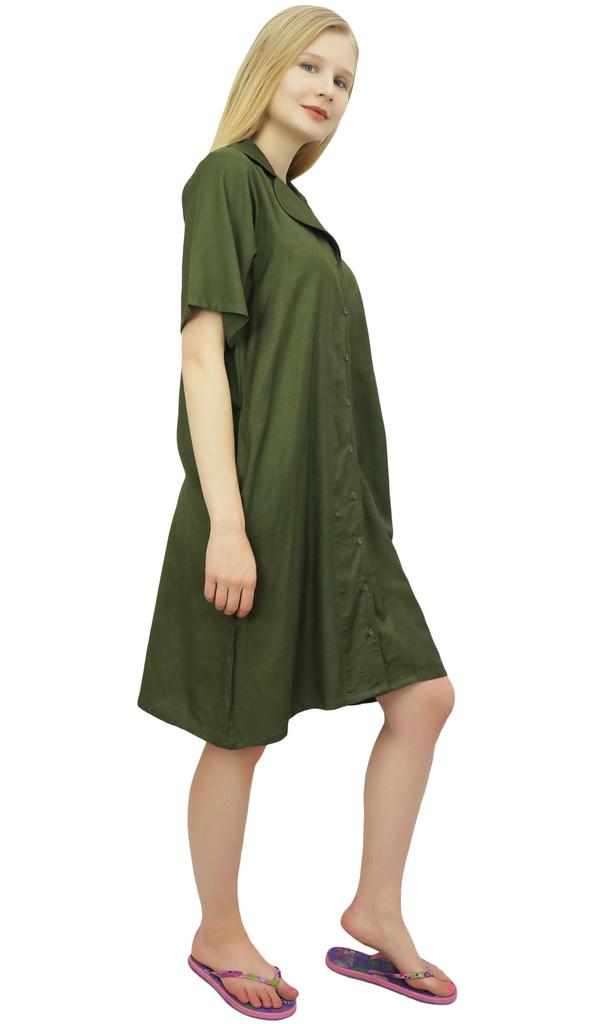 Bimba Women's Nightwear Beige Shirt Short Sleeve Dress With Pockets