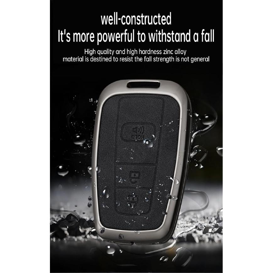 SANRILY Metal Leather 3 Button Key Fob Cover Case Fit for Toyota C-HR Prius Corolla Highlander Camry RAV4 Avalon Keyless Key Holder with Short