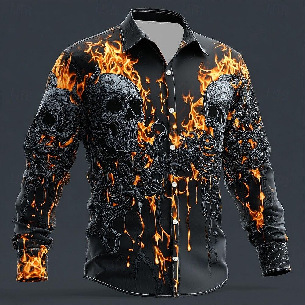Halloween Men's Skull Flame Halloween Costumes Shirt Button Up Shirt Long Sleeve Shirt Gothic Style Tops Fall Winter