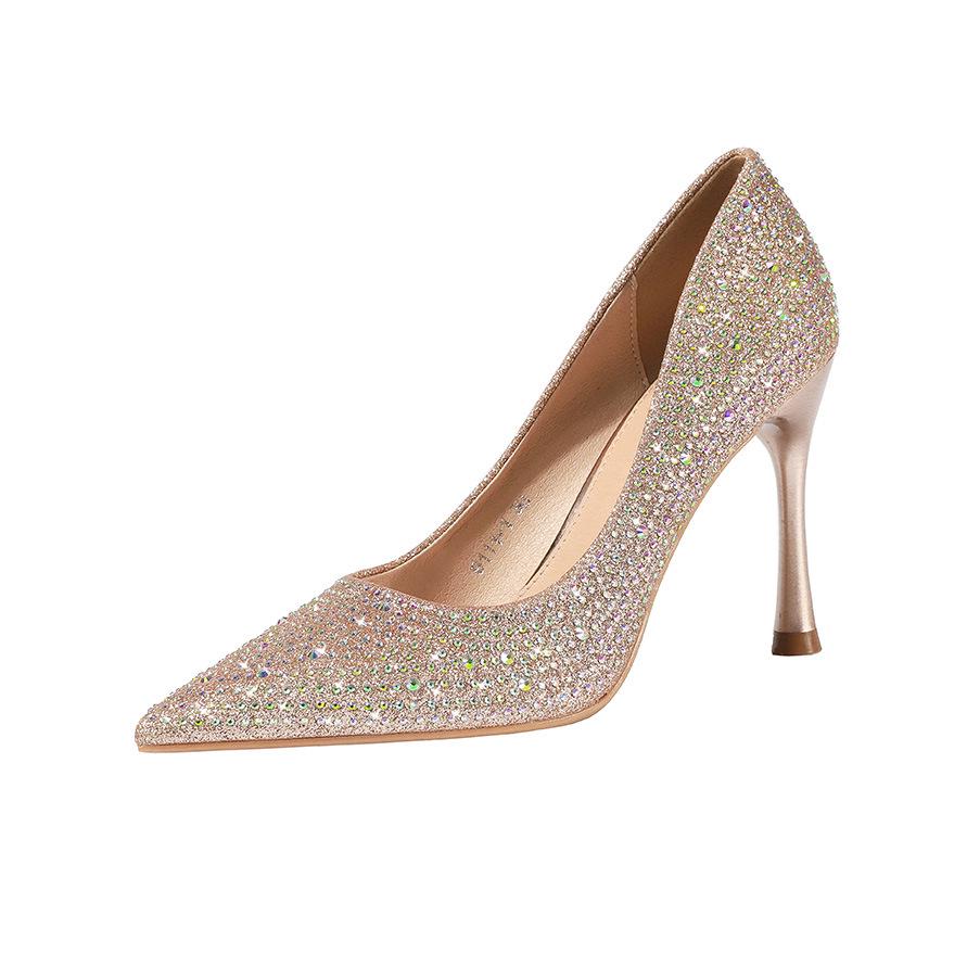 Fashion Point-toe Women's Sandals Nightclub Show Thin Stiletto Women's Single Shoes Rhinestone Sequin High-heeled Shoes